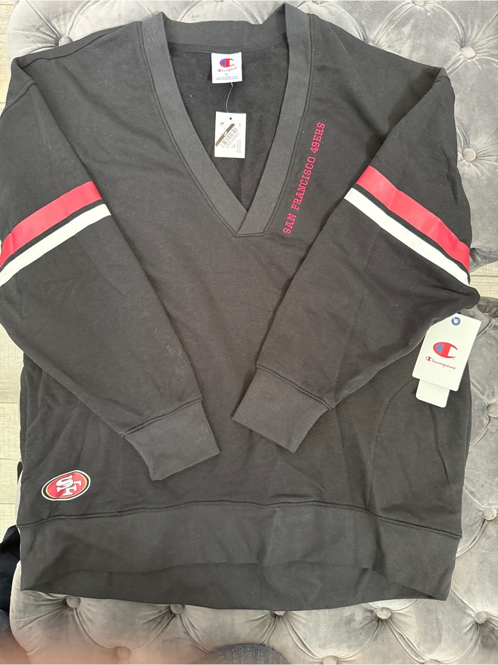Champion Black V-Neck Pullover with Red San Francisco 49ers Text